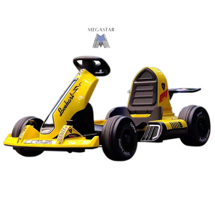 Yellow go-kart with black wheels on a white background, featuring the Megastar brand logo.