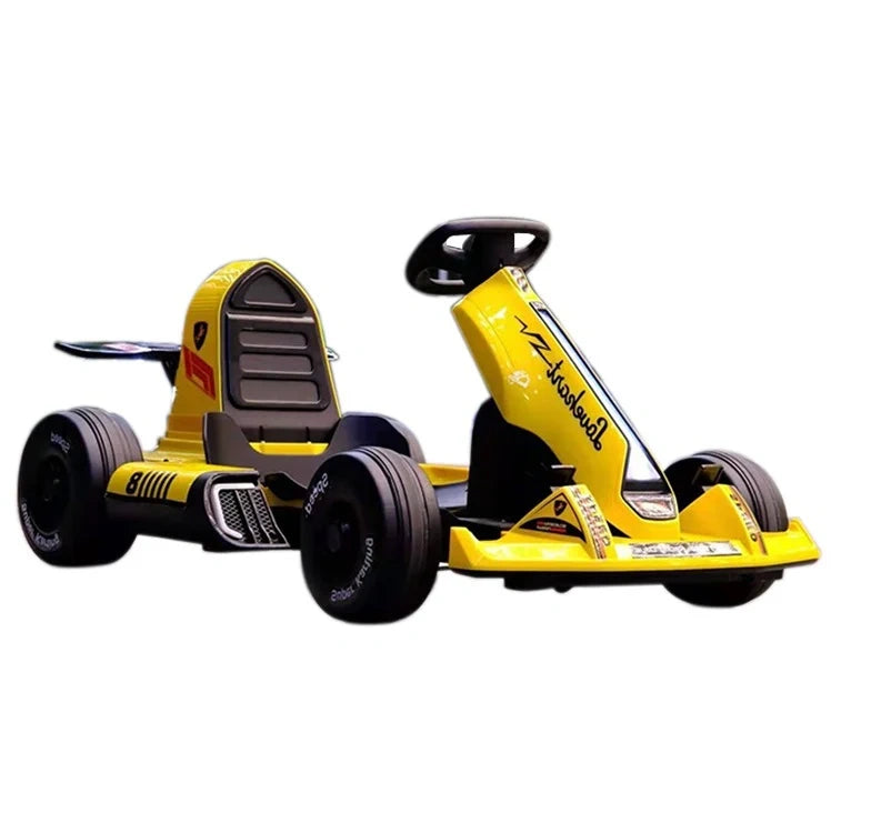 Yellow and black children's go-kart on a white background