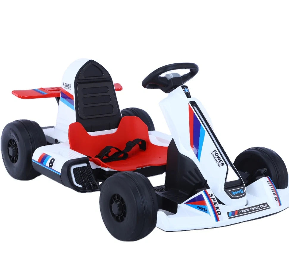Children's go-kart with red seat and black wheels on a white background