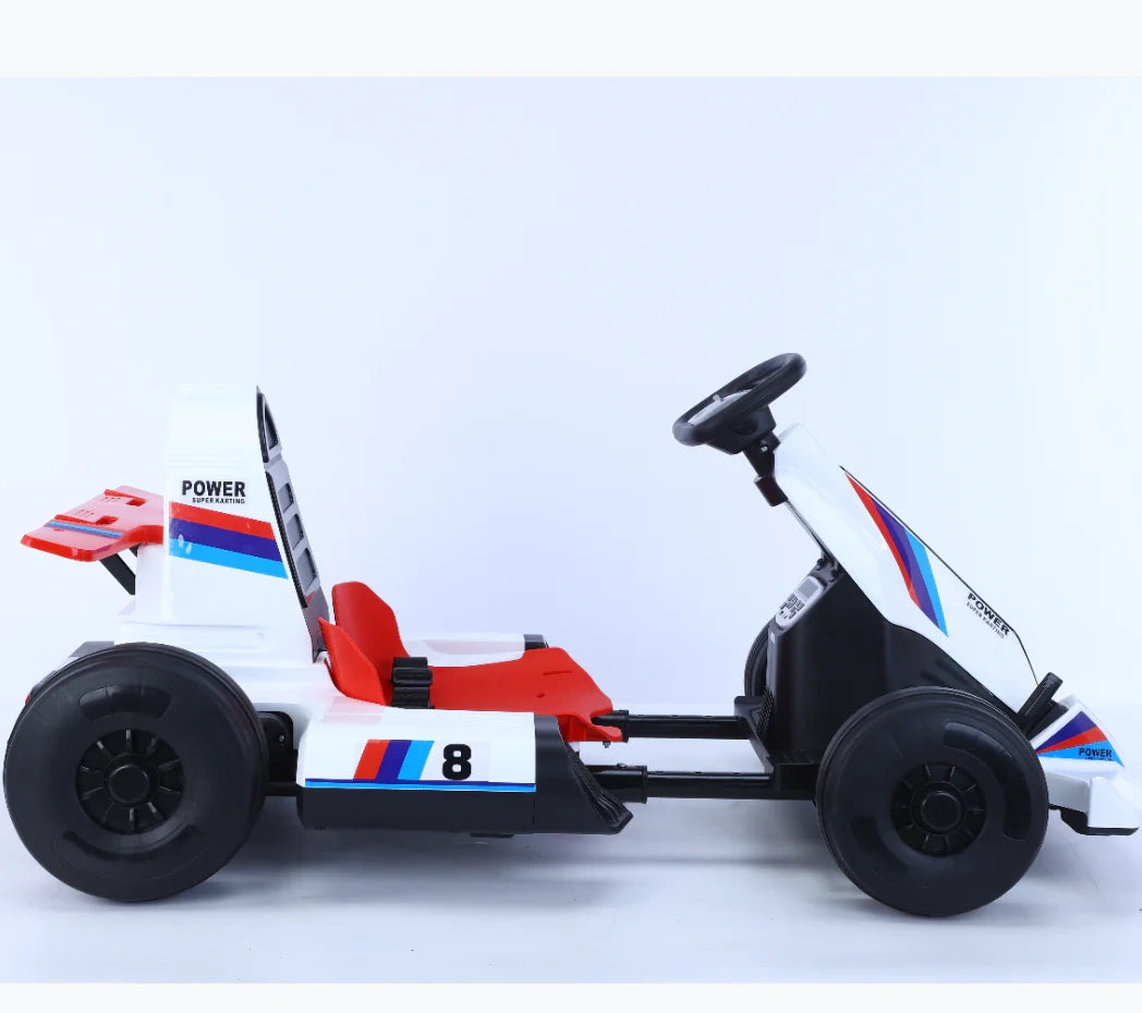 Toy racing car with a white body, red accents, and black wheels on a light blue background.