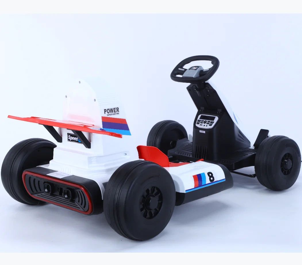 Toy go-kart with black wheels and red and blue accents on a white background