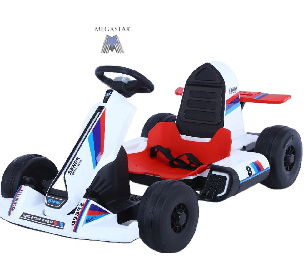 Children's go-kart with red seat and white body on a white background, featuring the Megastar brand.