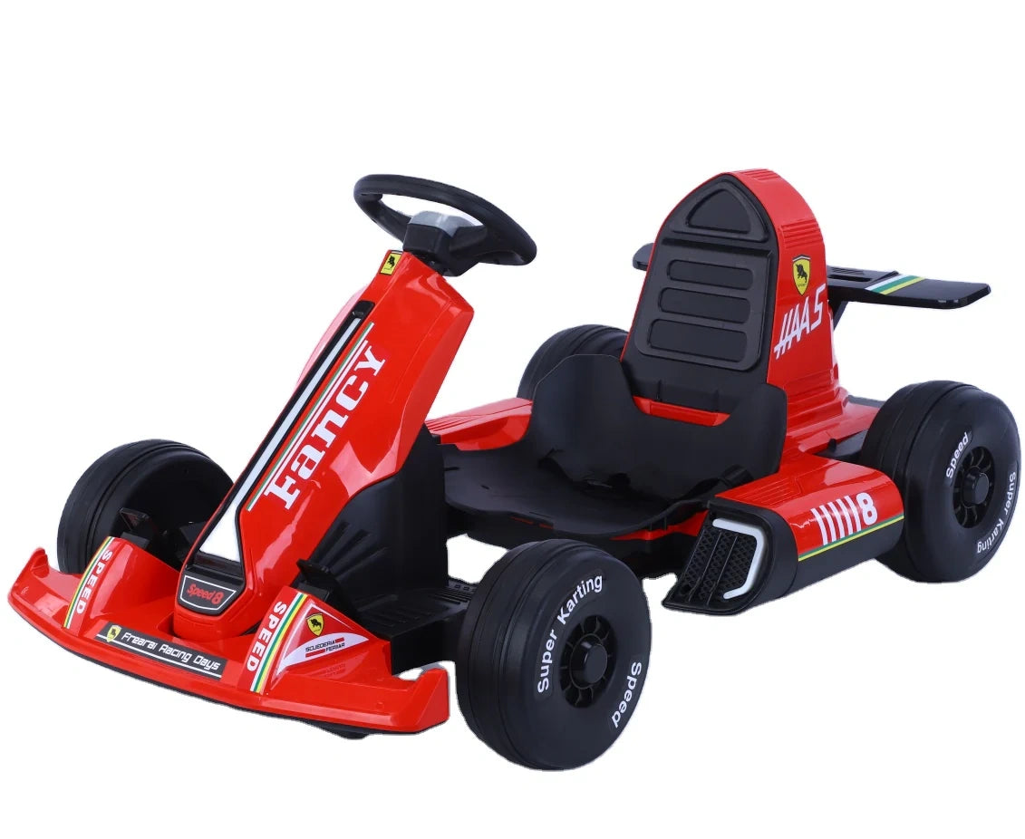 Red toy go-kart with black seat on a white background