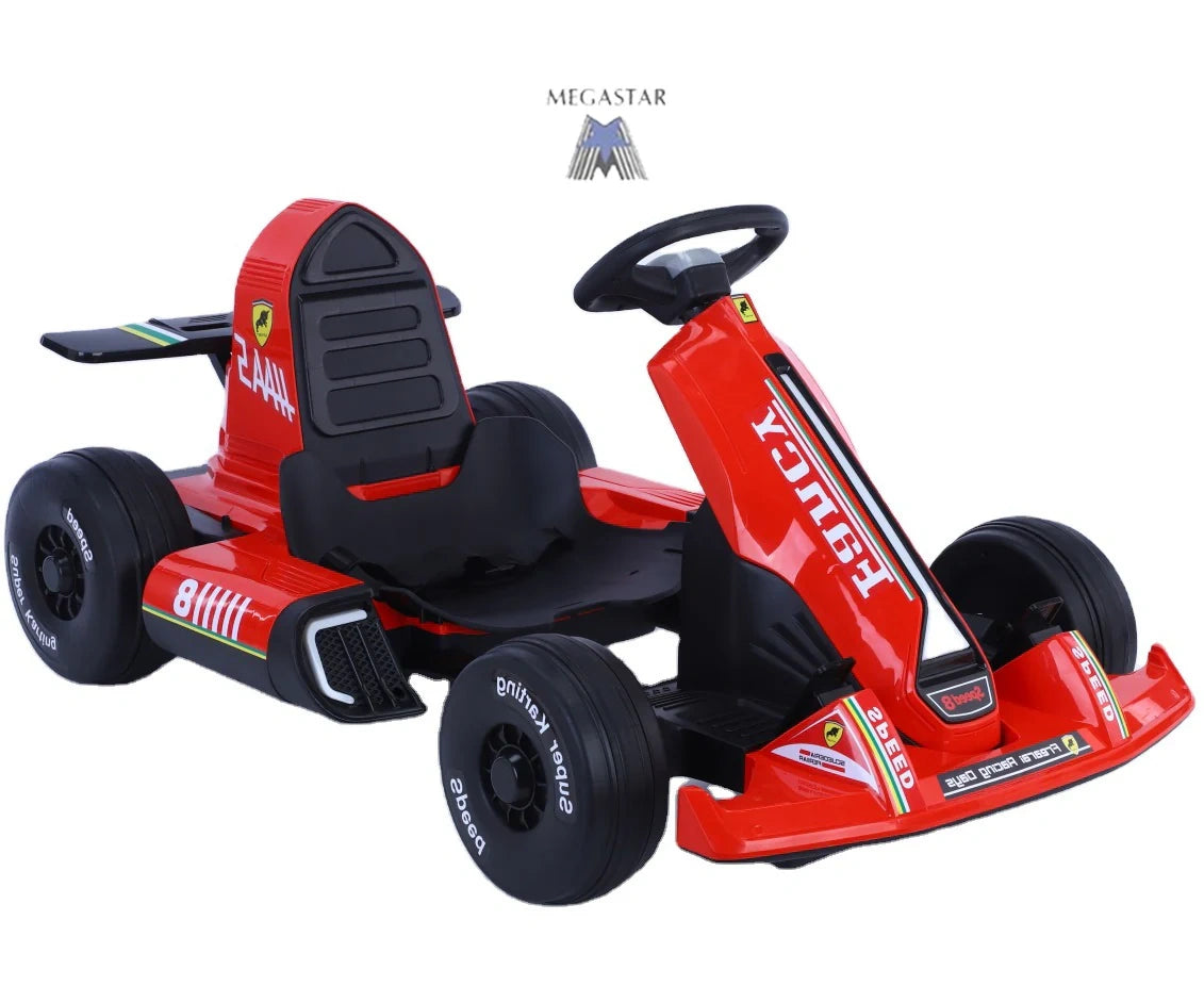 Red toy go-kart with Ferrari branding on a white background