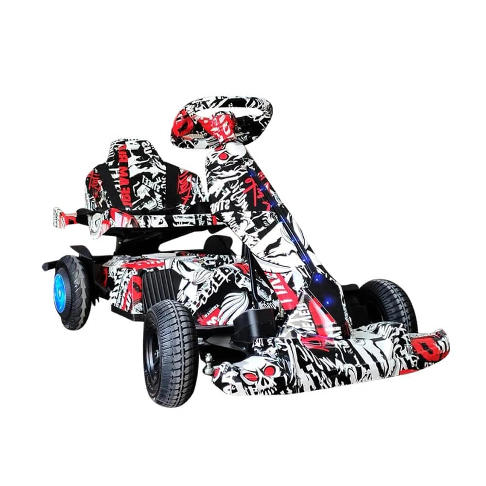 Colorful go-kart with a black and white pattern on a white background