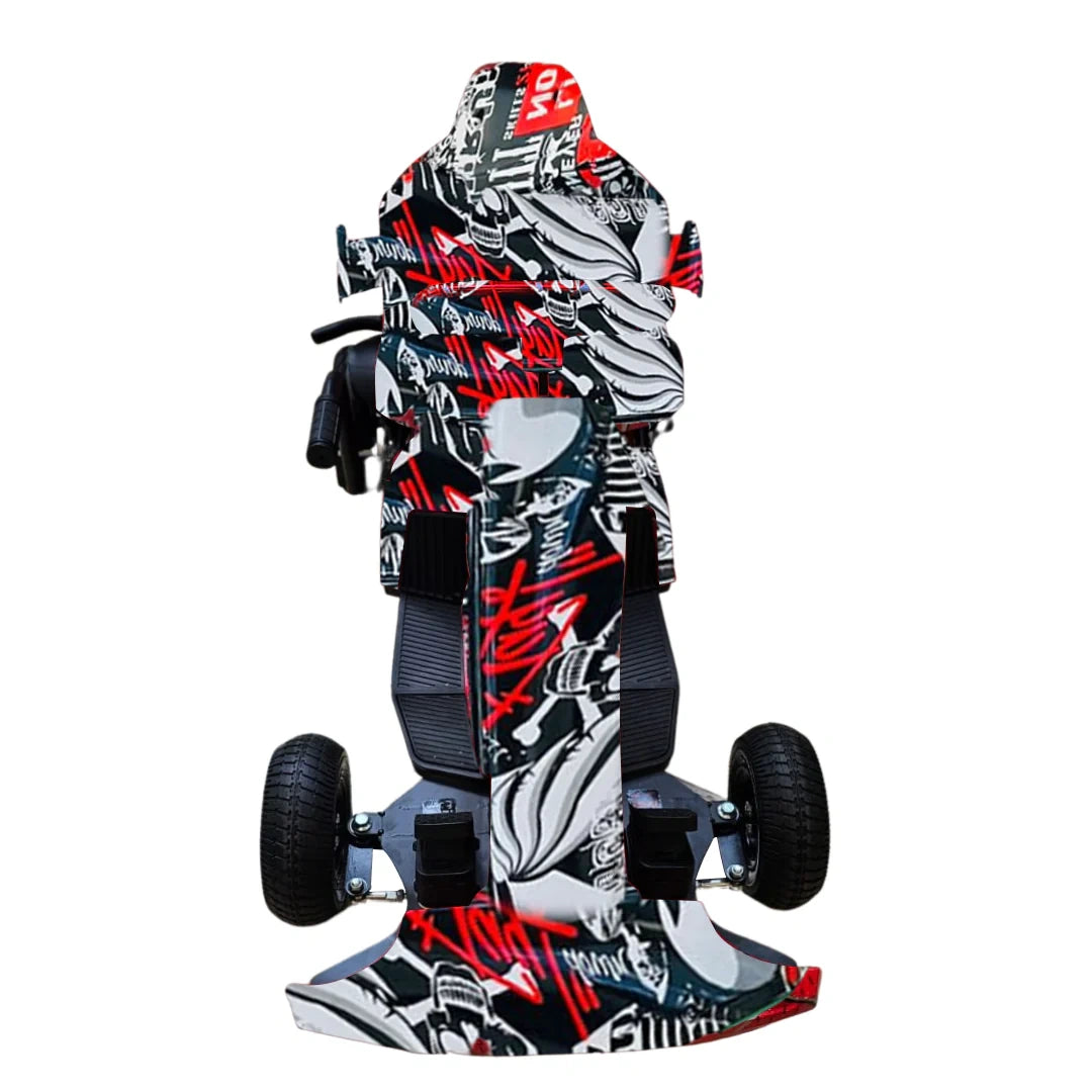 Graffiti-style skateboard with black, red, and white design on a white background
