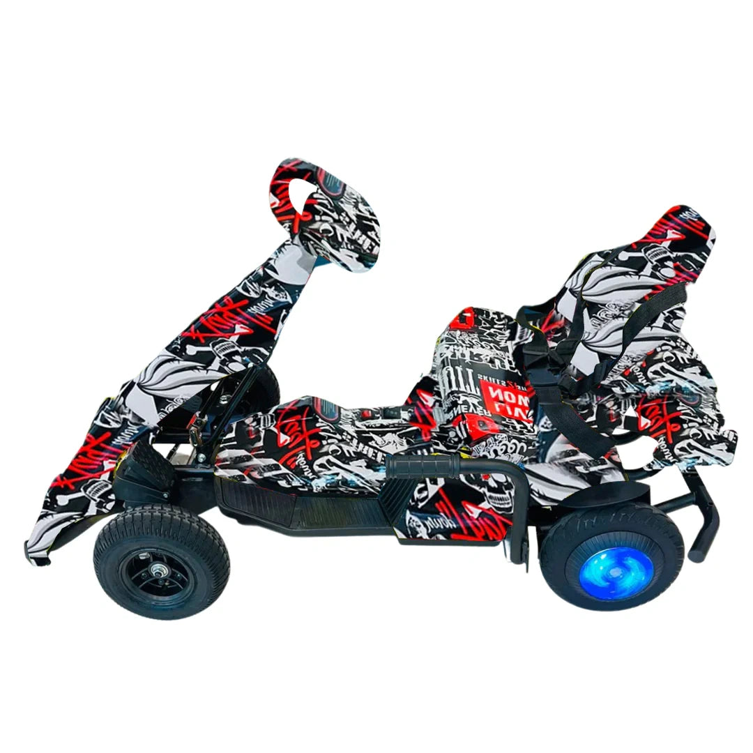 Toy go-kart with a black, red, and white design on a white background