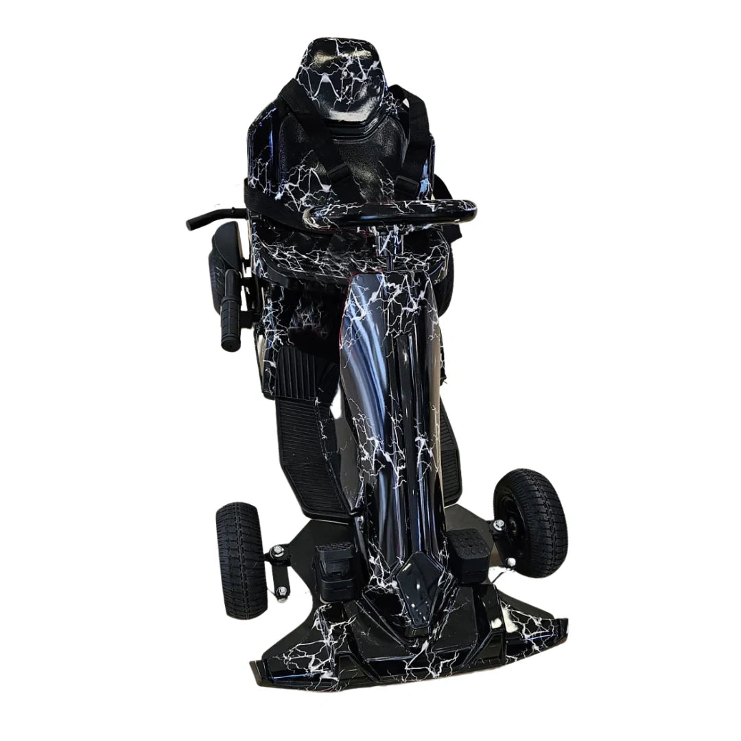 Black and blue robot-like figure on a white background