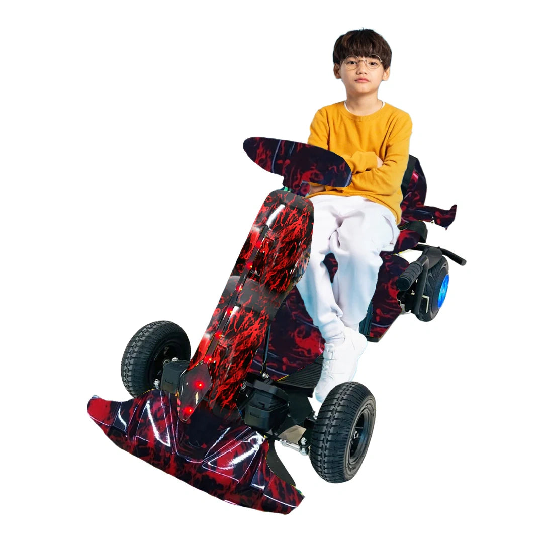 Child sitting on a colorful electric scooter with a white background