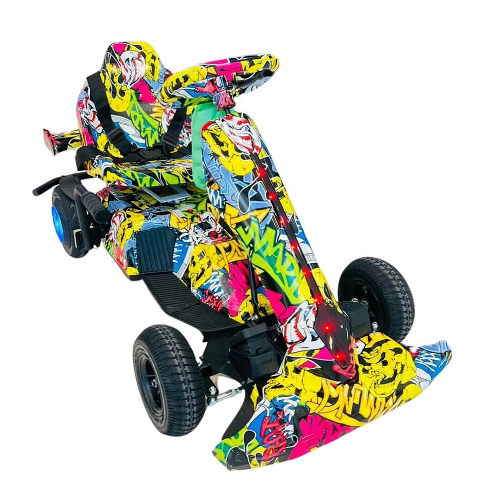 Colorful go-kart with a vibrant, multicolored design on a white background