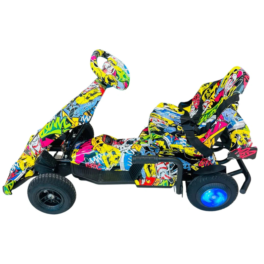 Colorful children's three-wheeled vehicle with graffiti design on a white background