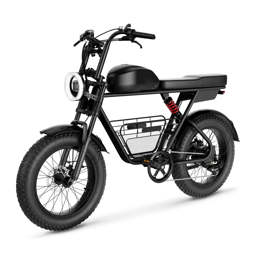 Black electric bike with a basket on a white background