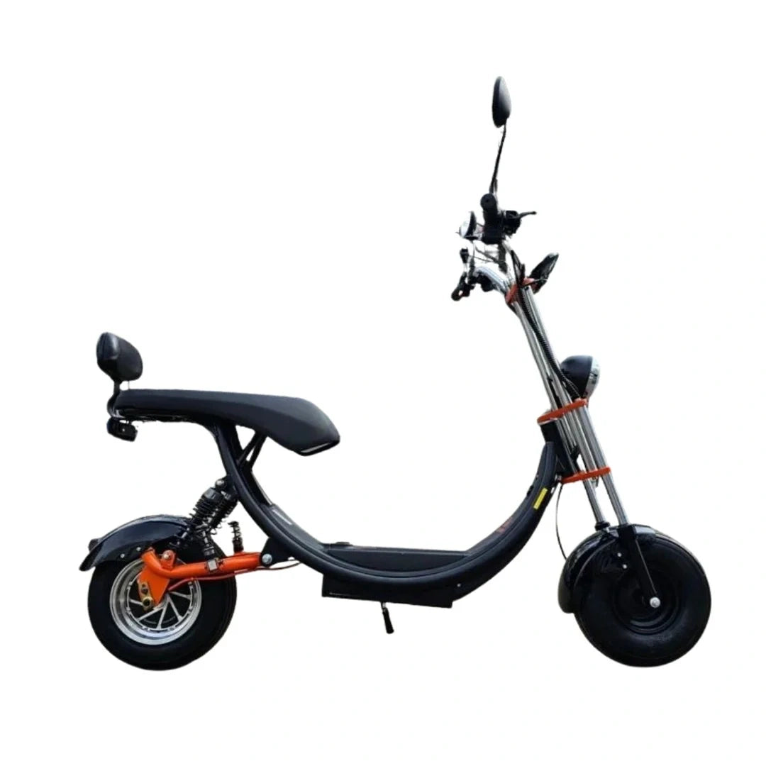 Black electric scooter with orange accents on a white background