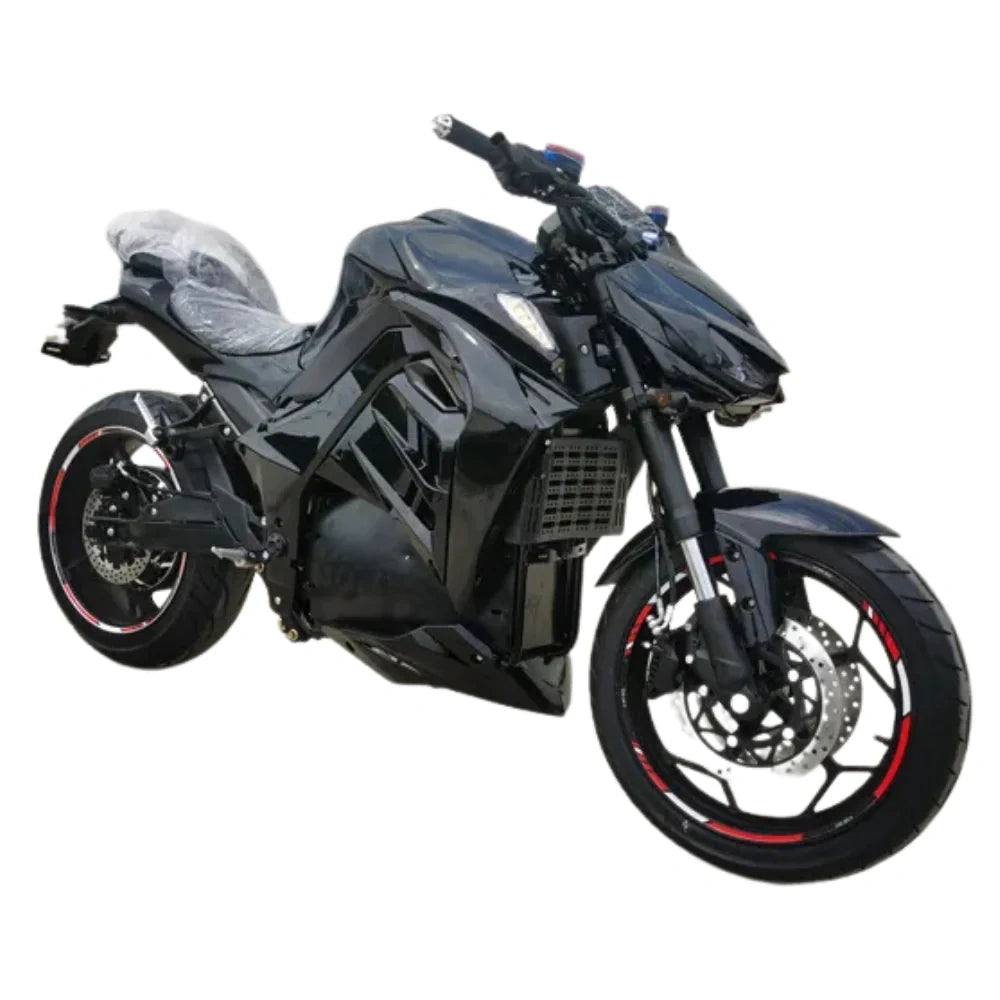 Black motorcycle with red accents on a white background