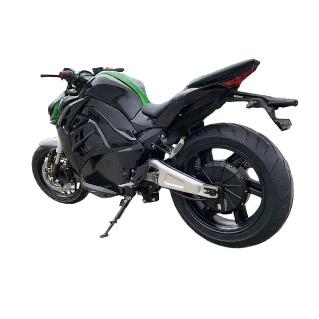 Black motorcycle with green accents on a white background