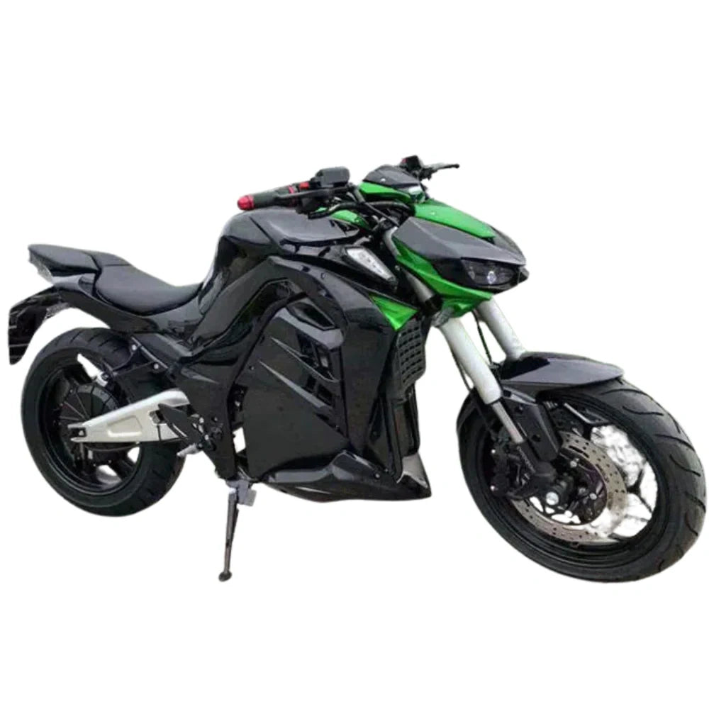 Black and green motorcycle on a white background