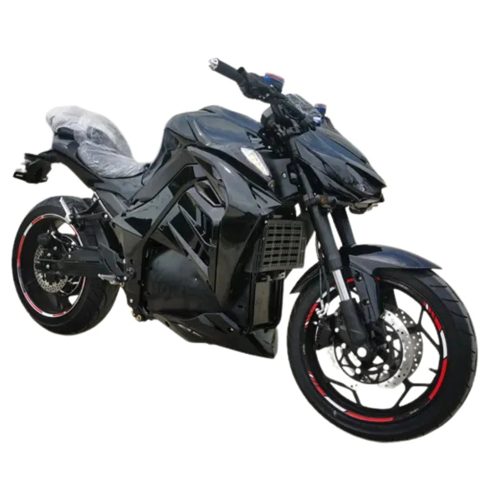 Black motorcycle with red accents on a white background