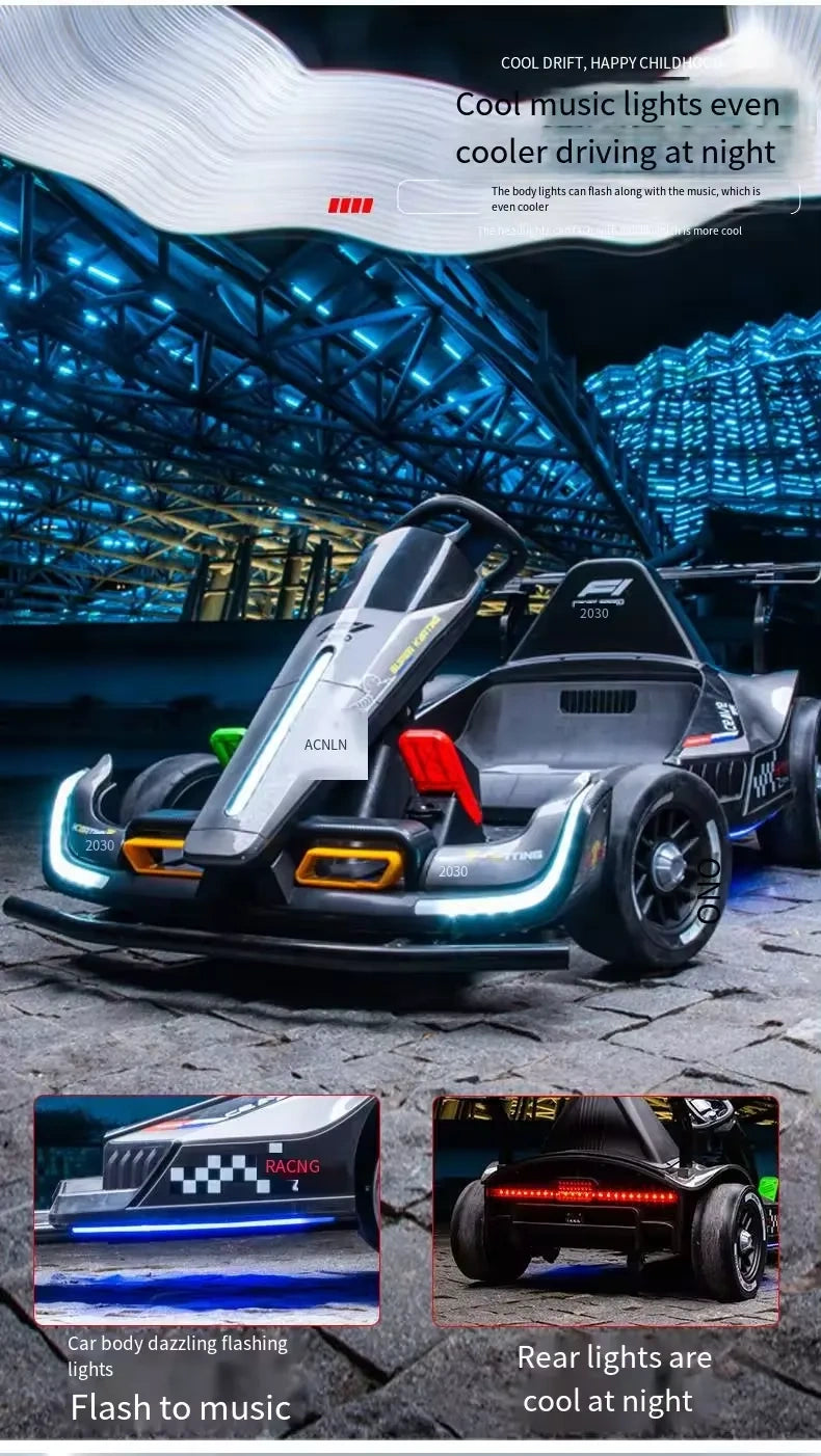 Modern electric car with dynamic lighting effects in a futuristic setting