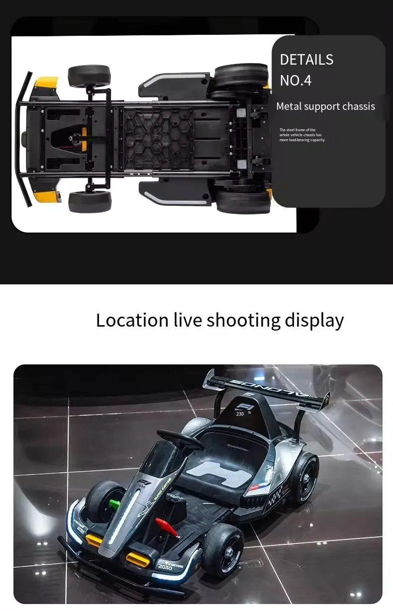 Close-up of a toy car's metal support chassis and a live shooting display of the toy car on a tiled floor.