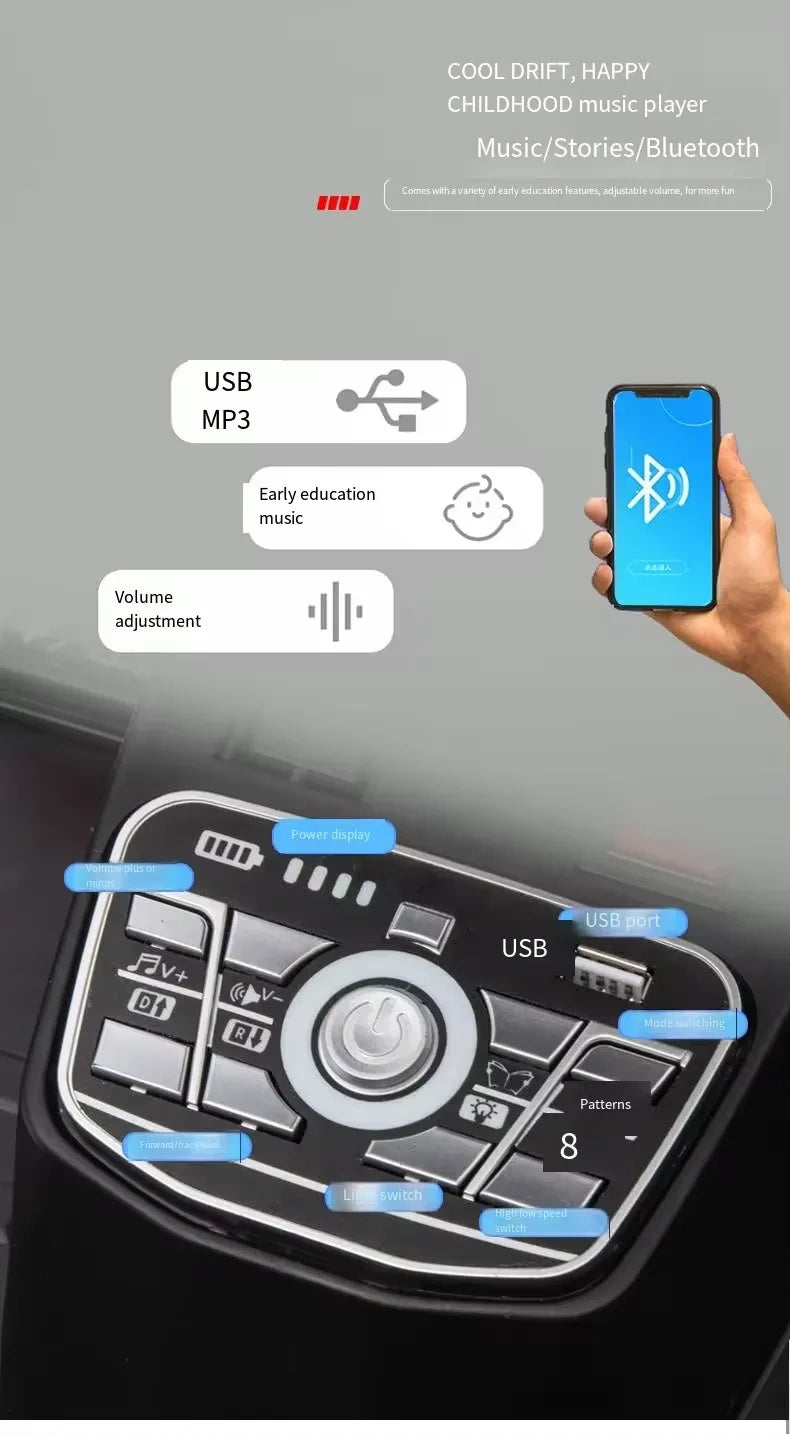 Control panel of a music player with USB and MP3 inputs, and a hand holding a smartphone with Bluetooth icon.