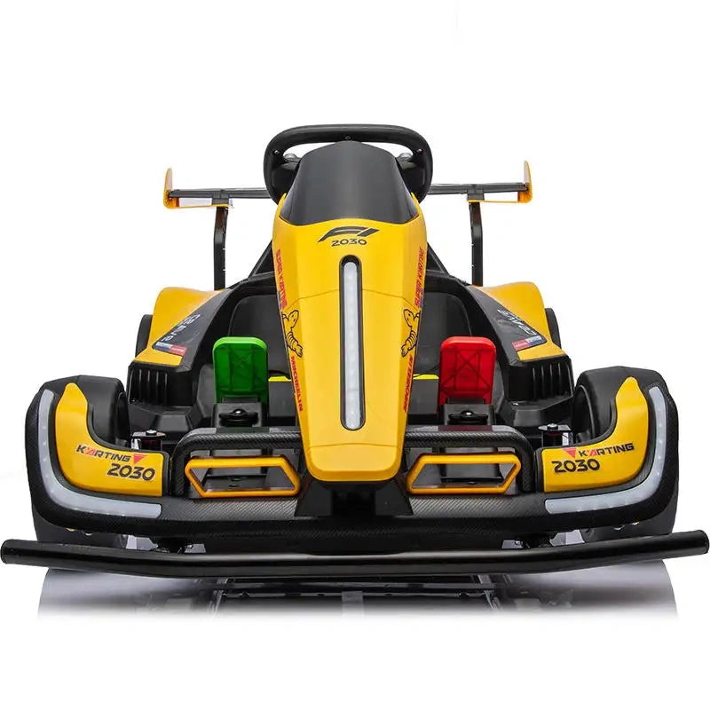 Yellow and black go-kart with '2030' branding on a white background