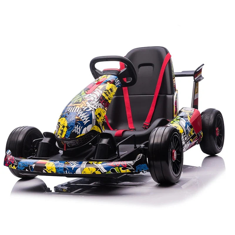 Colorful toy go-kart with a patterned seat on a white background