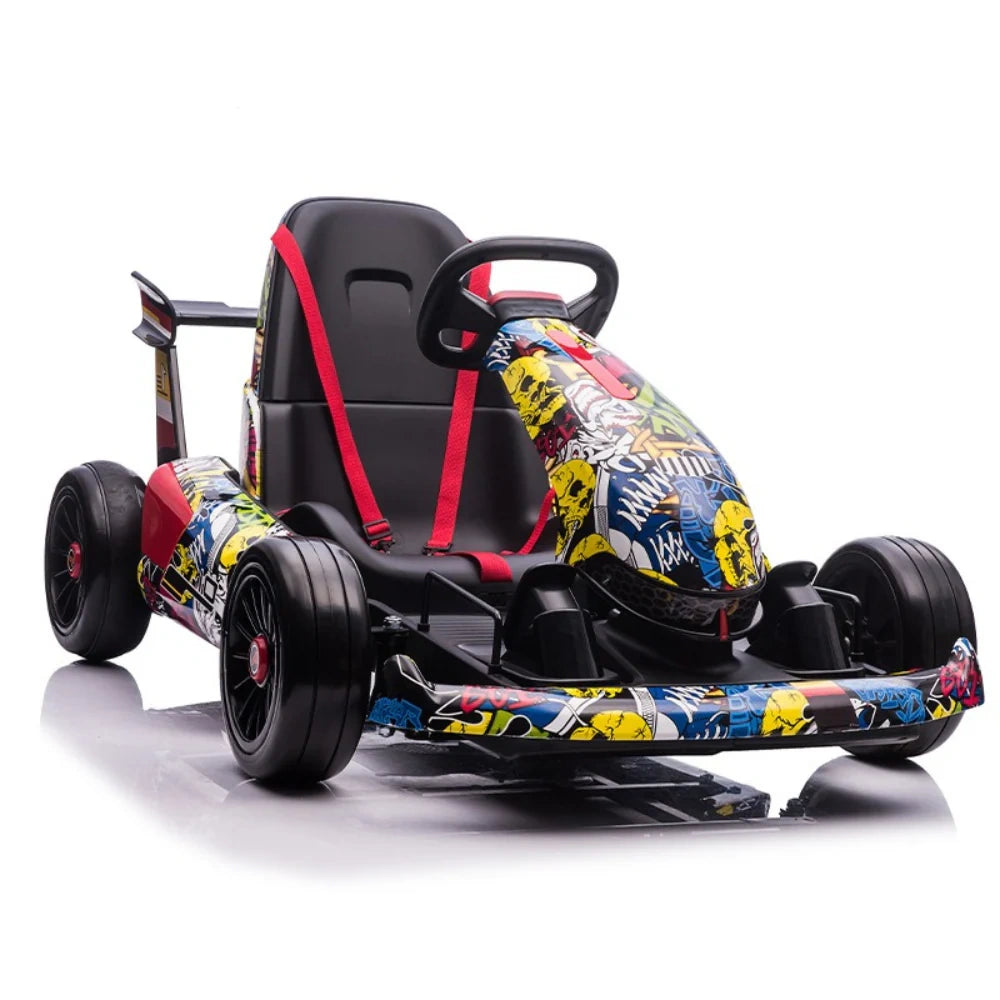 Colorful children's go-kart with a patterned design on a white background