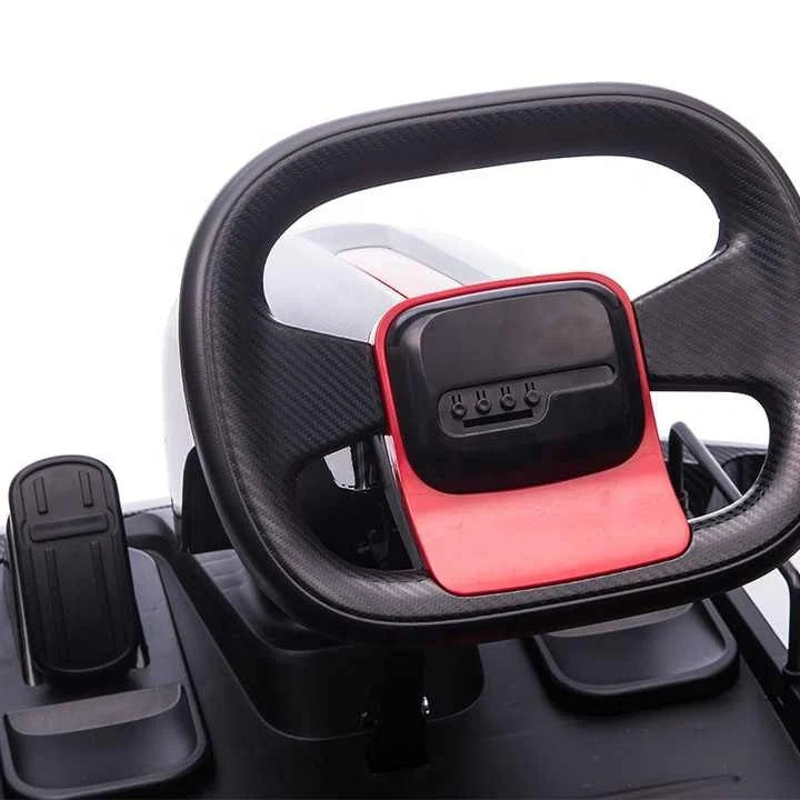 Close-up of a steering wheel with a red and black control panel on a white background