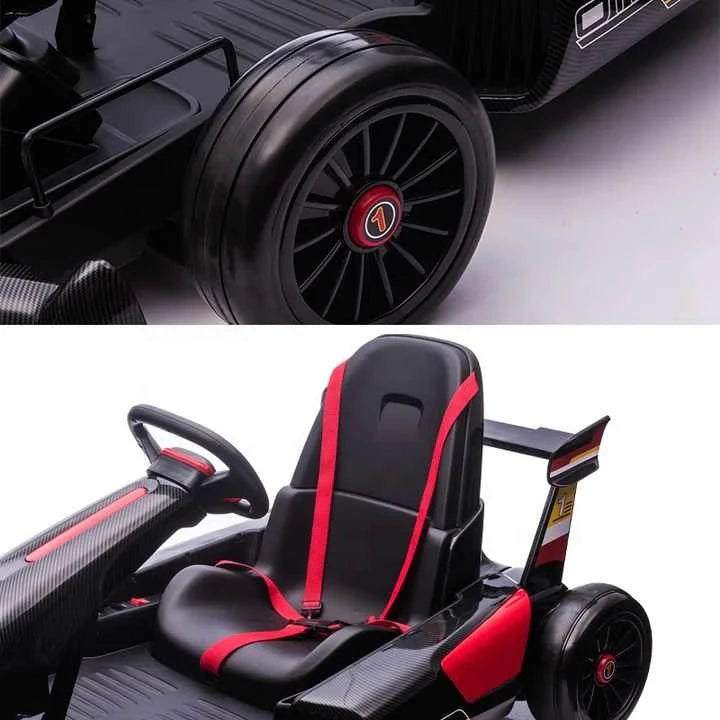 Close-up of a black and red toy car with detailed design elements.