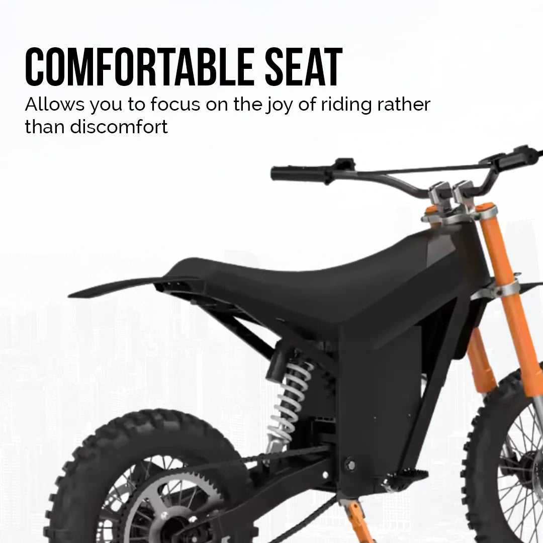 Motorcycle with a comfortable seat feature highlighted on a white background