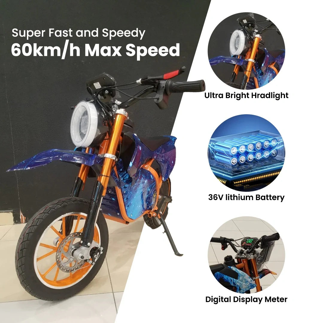 Blue and orange electric bike with features highlighted on a white background