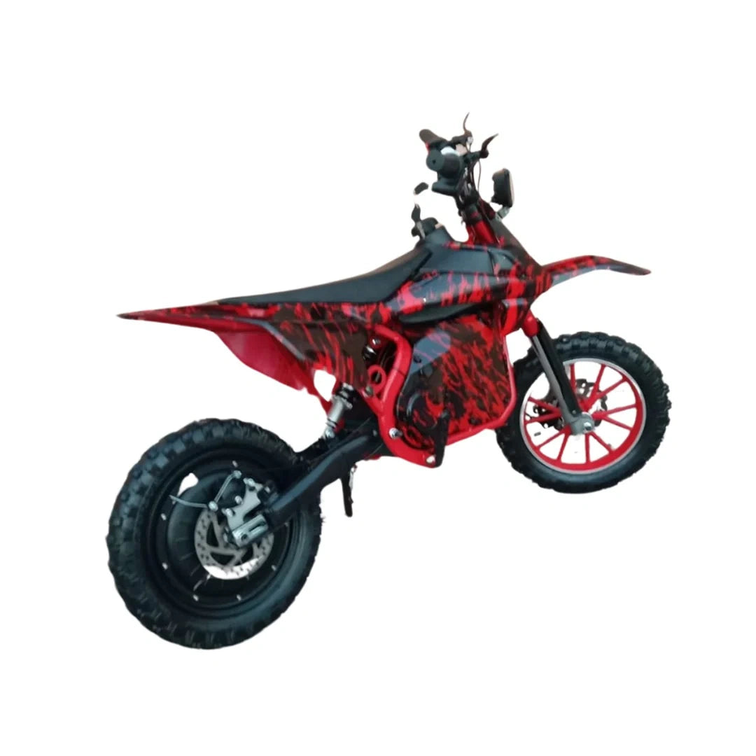 Red and black dirt bike on a white background