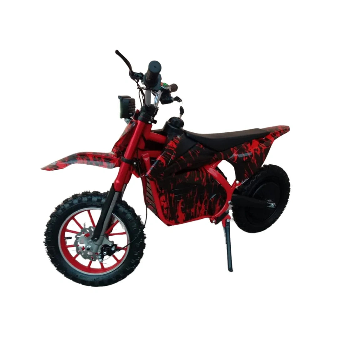 Red and black dirt bike model on a white background