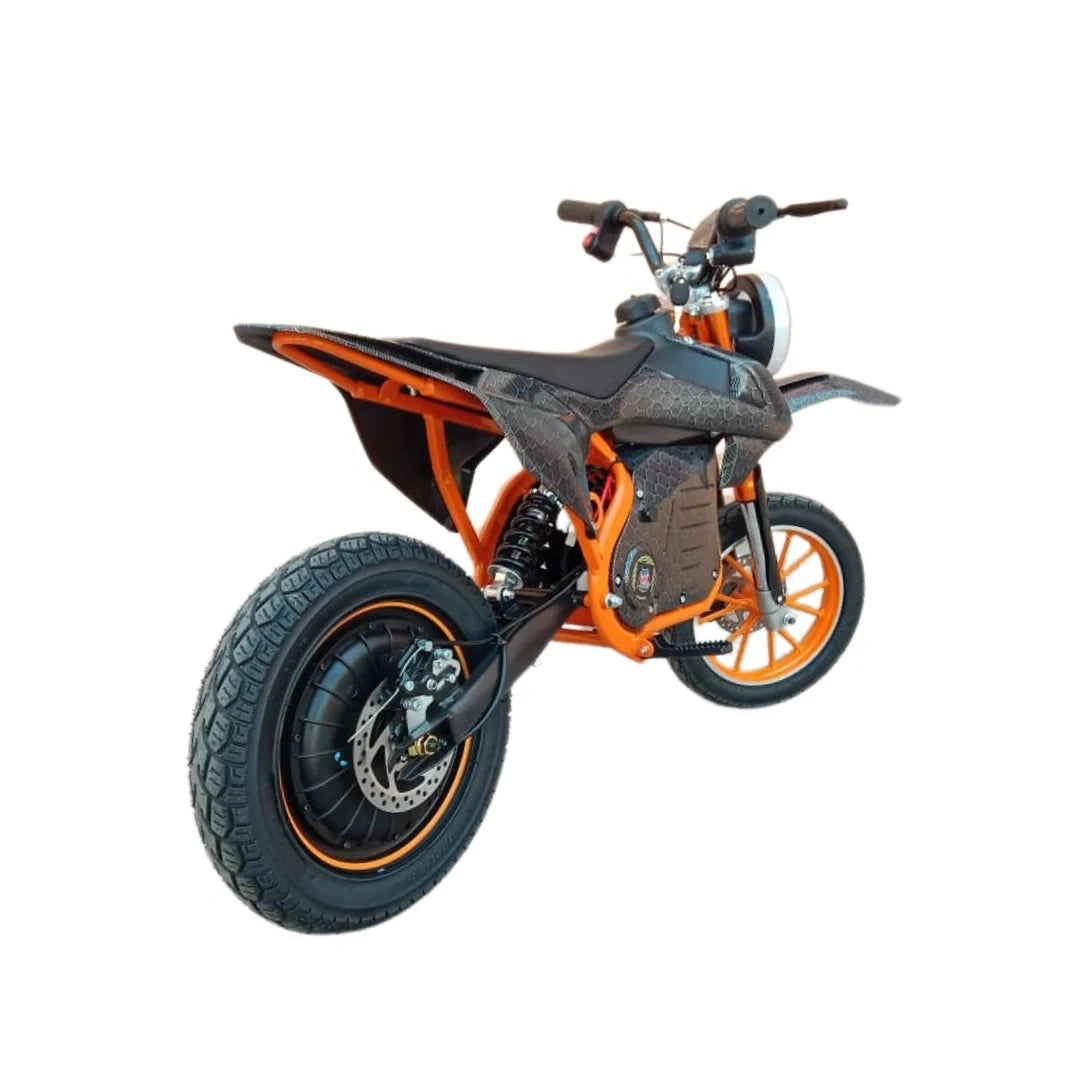Small off-road motorcycle with orange and black design on a white background