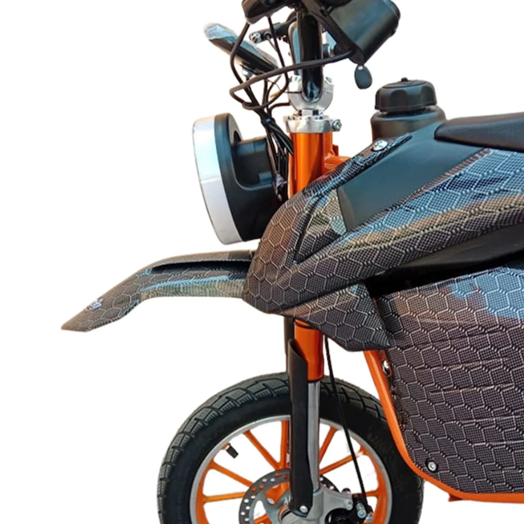 Close-up of a motorcycle with a textured seat and orange frame on a white background