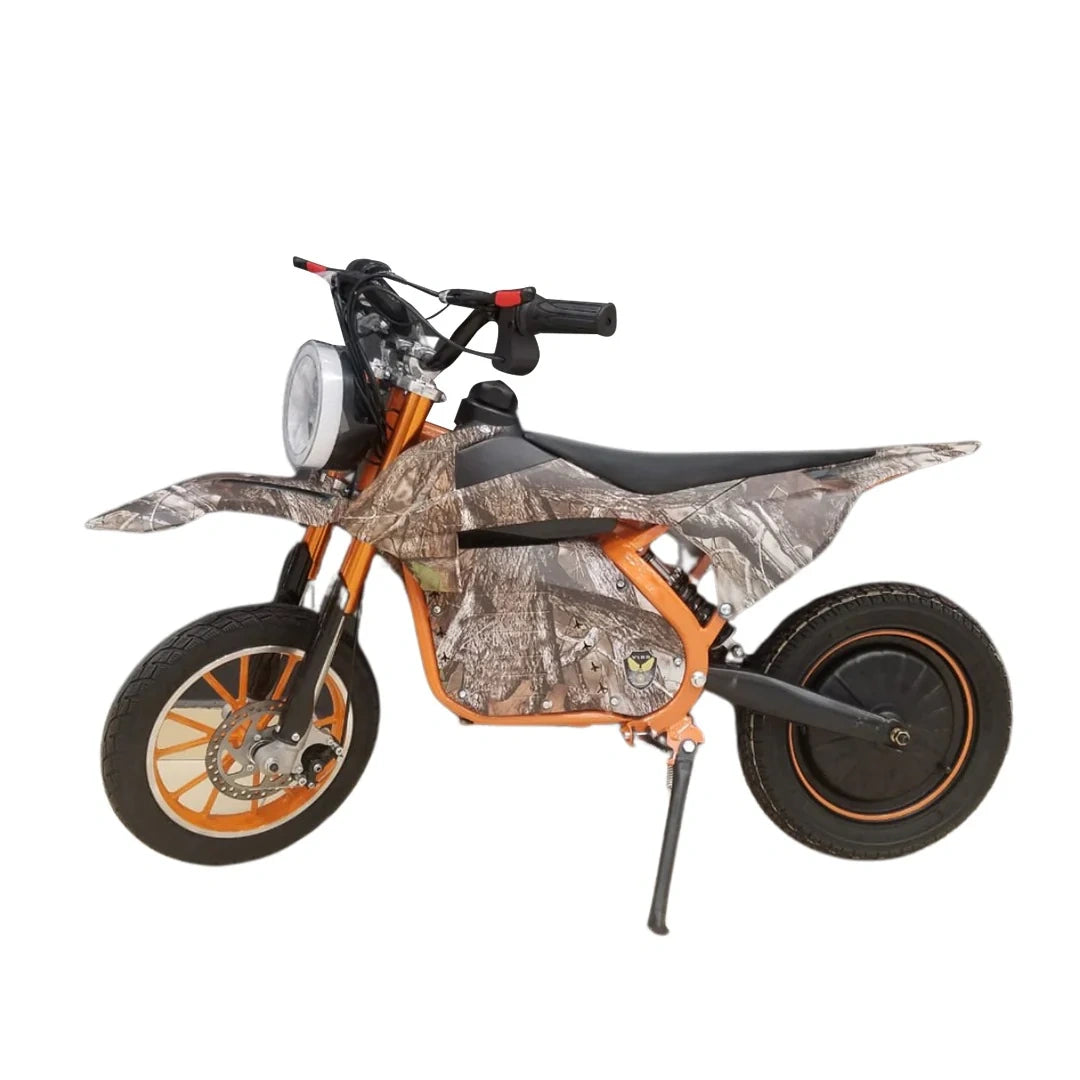 Children's dirt bike with camouflage and orange design on a white background