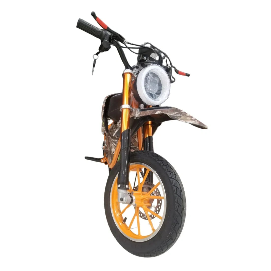Small off-road motorcycle with orange frame and black tires on a white background