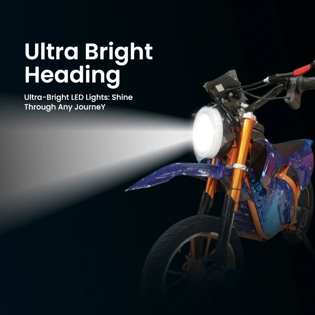 Motorcycle with ultra-bright LED lights on a dark background