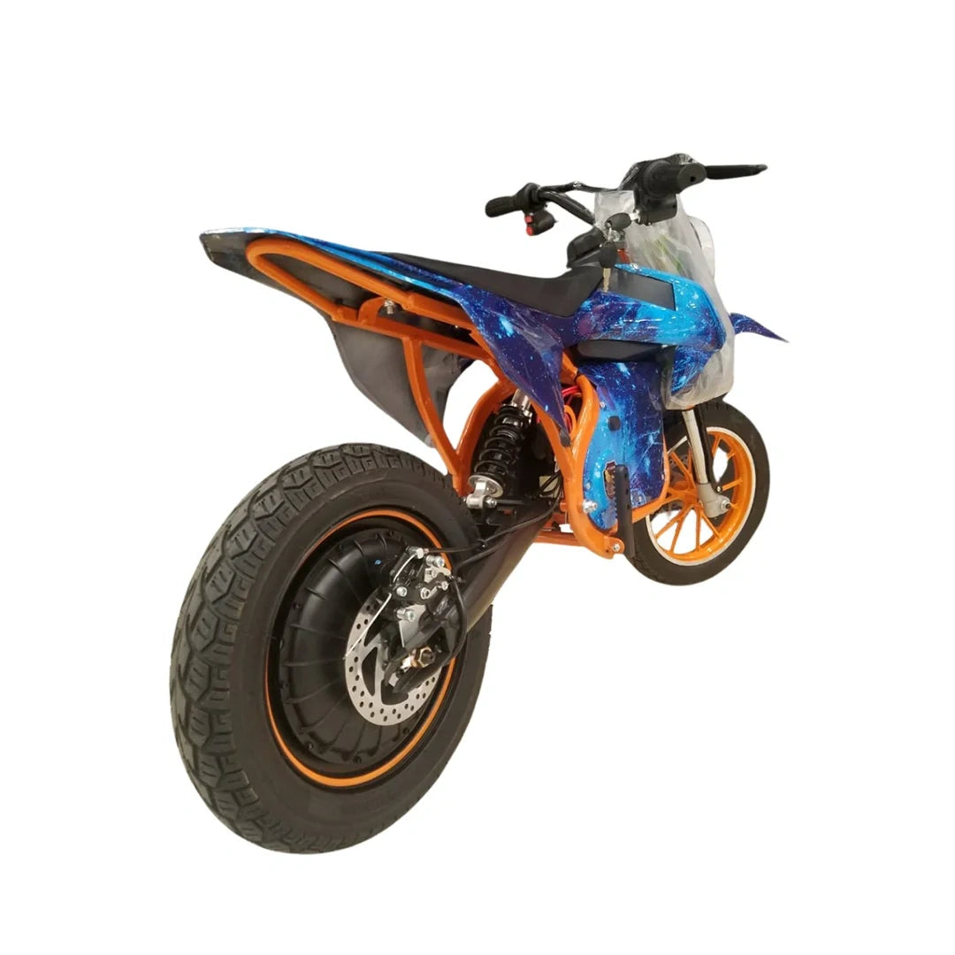 Blue and orange dirt bike on a white background