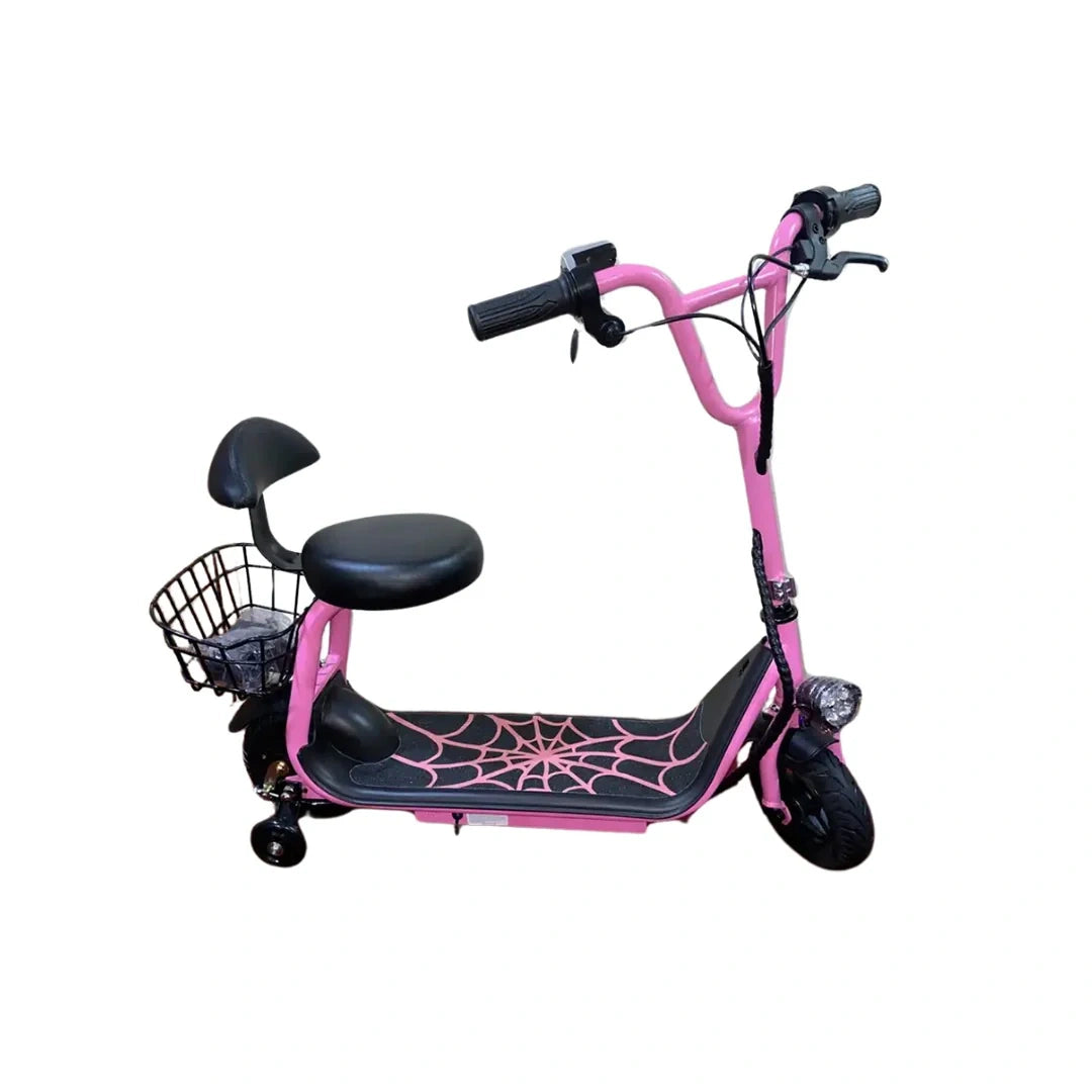 Pink electric scooter with spider web design on a white background