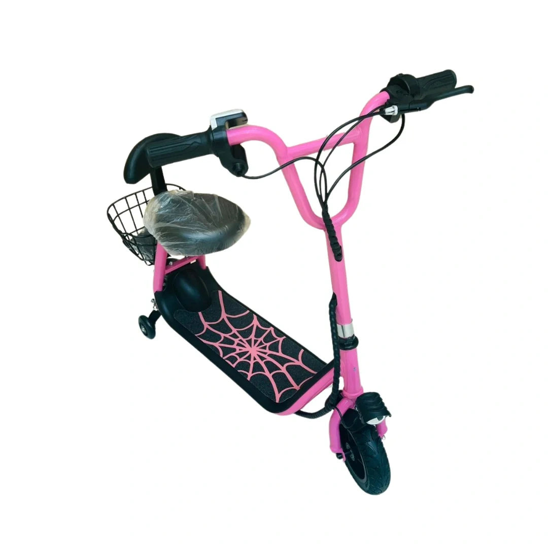 Pink scooter with spider web design on a white background