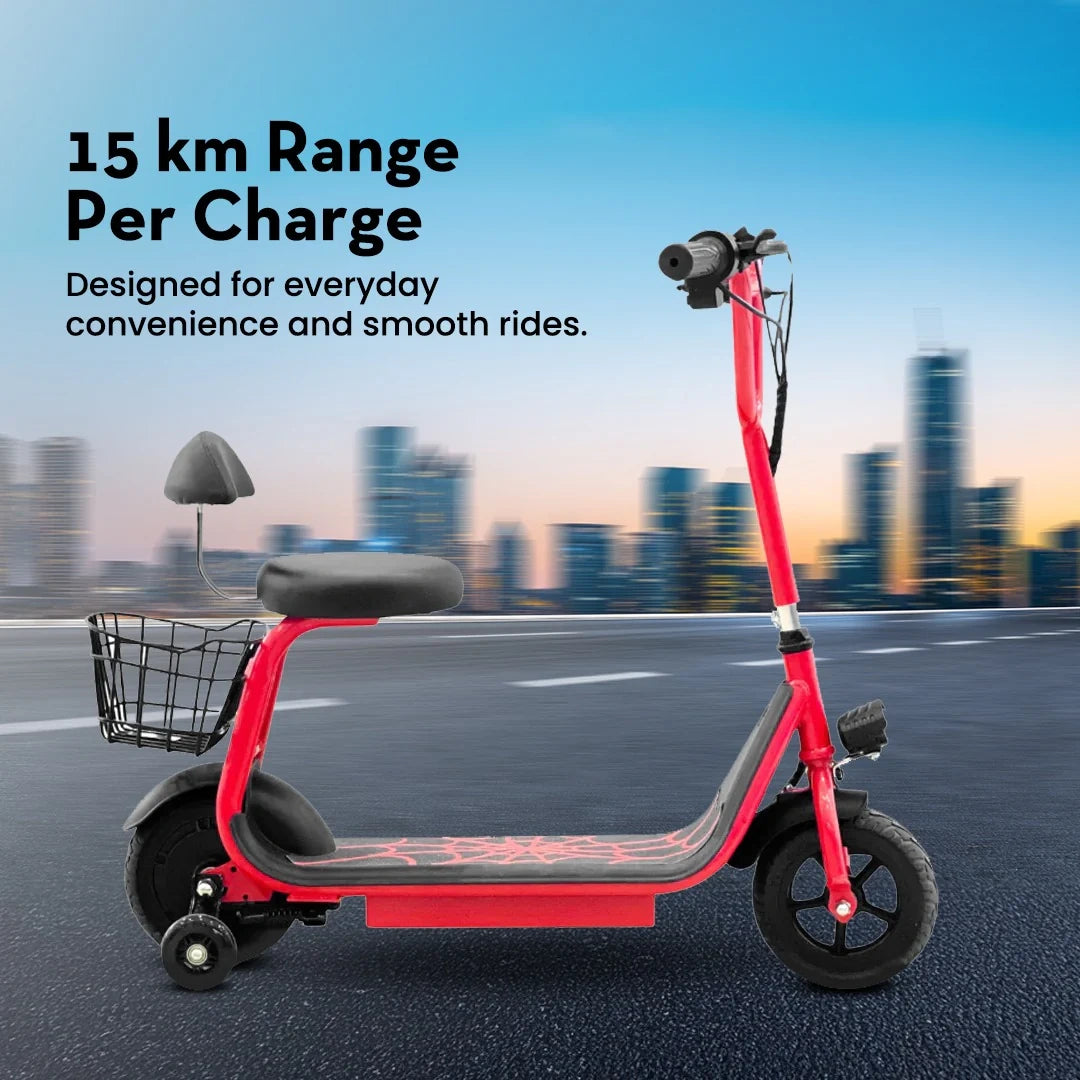 Red electric scooter with cityscape background and text about range and design.