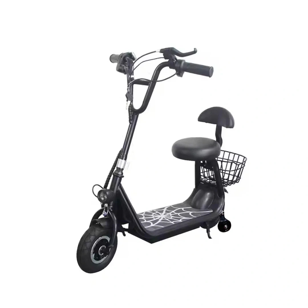 Black electric scooter with a seat and basket on a white background