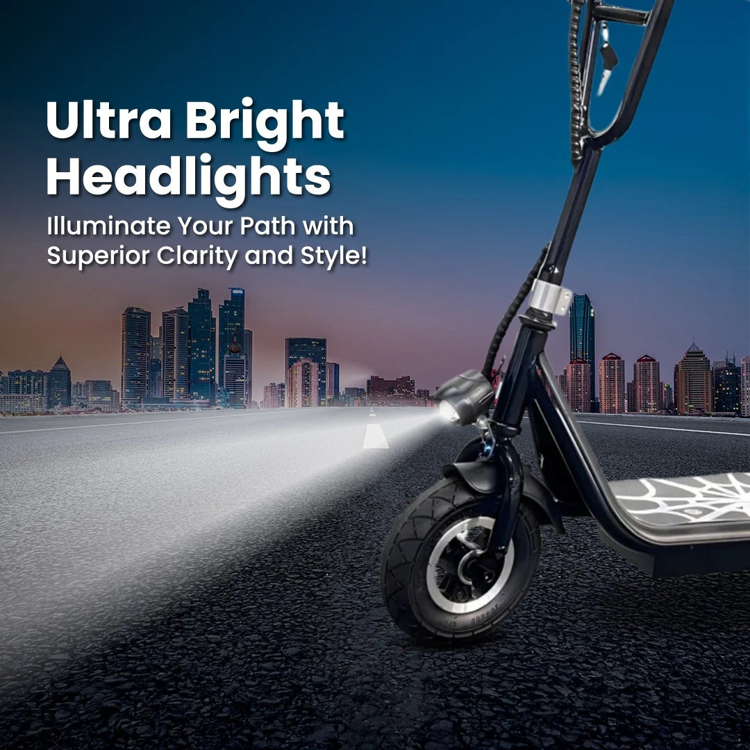 Electric scooter with ultra bright headlights on a city street at night