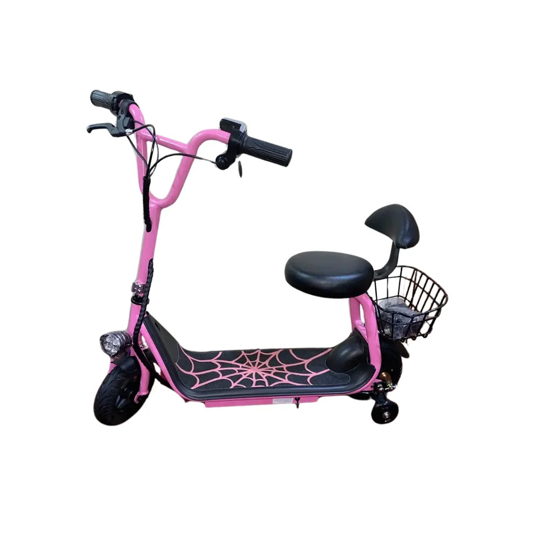 Pink electric scooter with spider web design on a white background