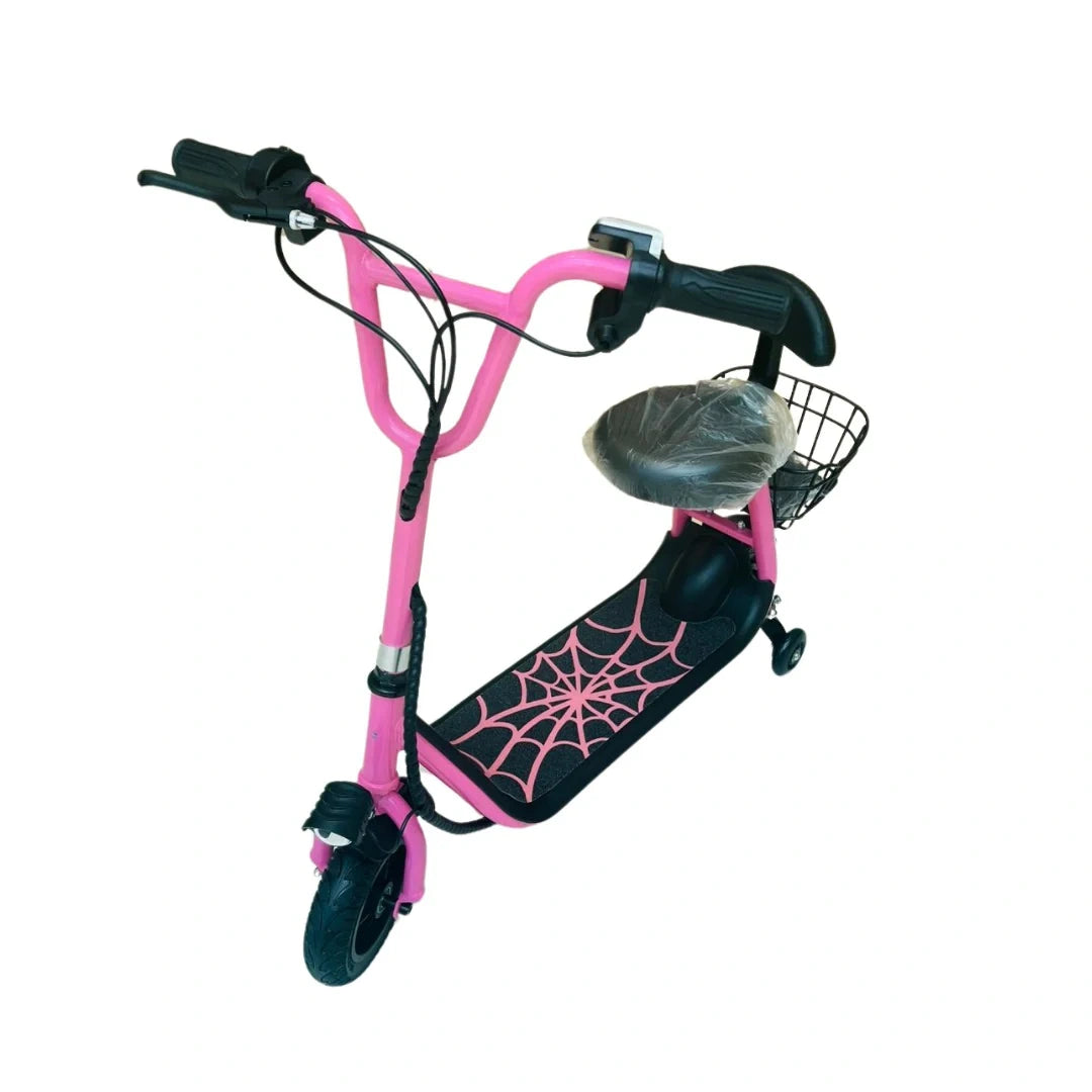 Pink scooter with spider web design on a white background