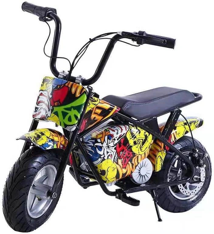 Colorful mini bike with a cartoon design on a white background