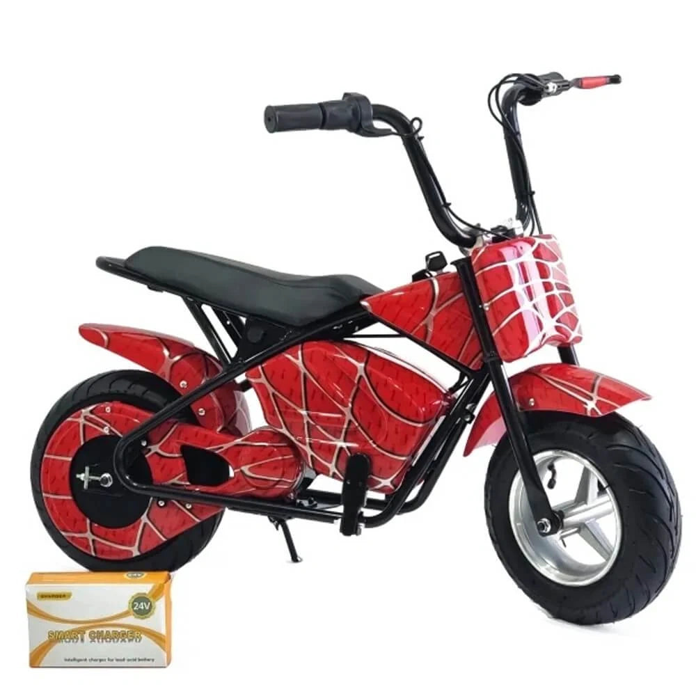 Red and black toy motorcycle with spider web design on a white background