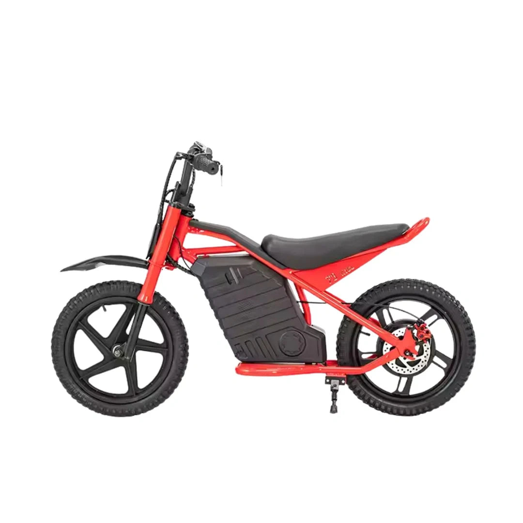 Red electric bike with black seat on a white background