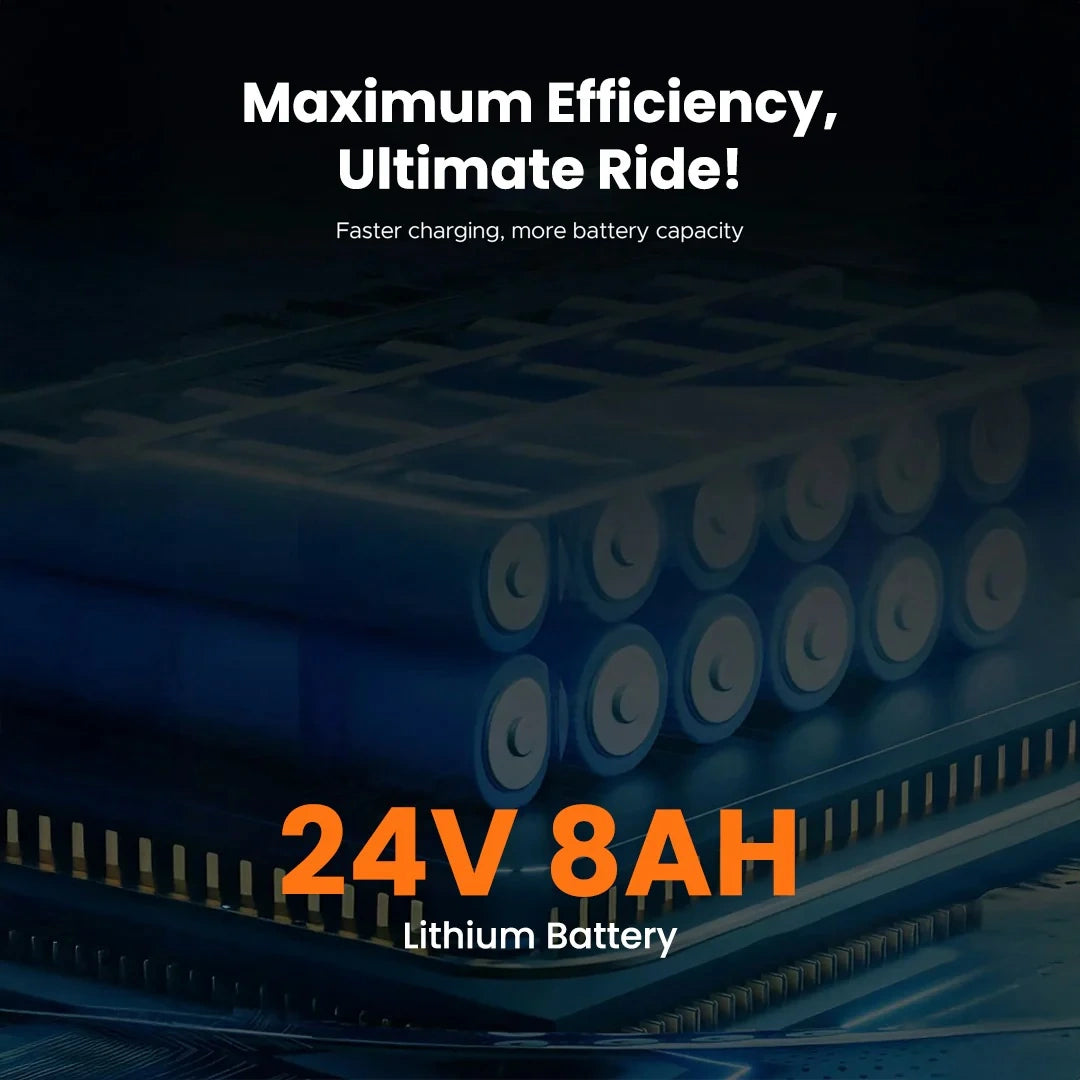 Stack of lithium batteries with text highlighting efficiency and specifications on a dark background